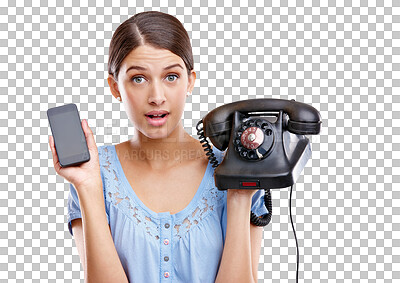 Buy stock photo Portrait, phone and evolution of technology with a woman isolated on a transparent background for communication. Contact, PNG or telephone with a surprised young female comparing different innovation