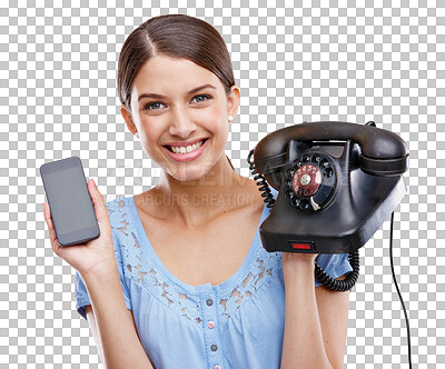 Buy stock photo Portrait, smile and woman with smartphone, retro telephone and lady isolated against a transparent background. Face, female person or model with communication technology, vintage and upgrade with png