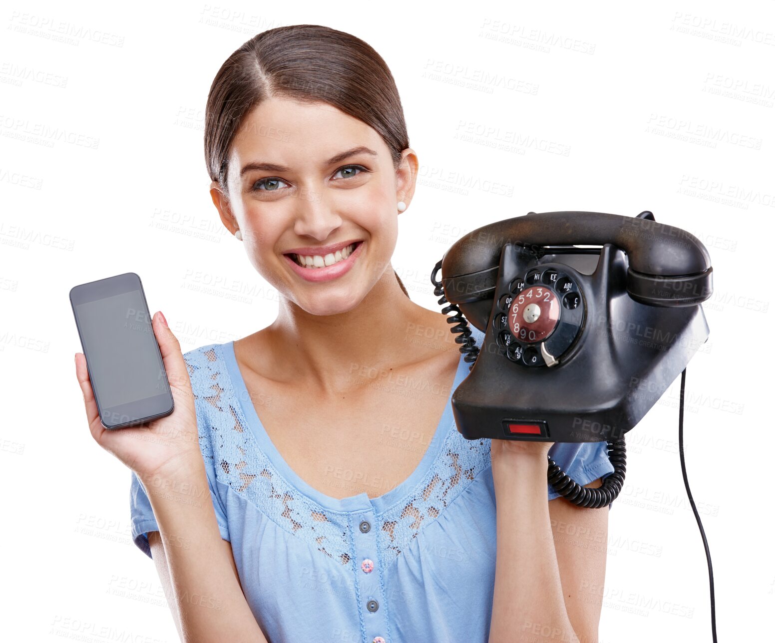 Buy stock photo Portrait, smile and woman with smartphone, retro telephone and lady isolated against a transparent background. Face, female person or model with communication technology, vintage and upgrade with png