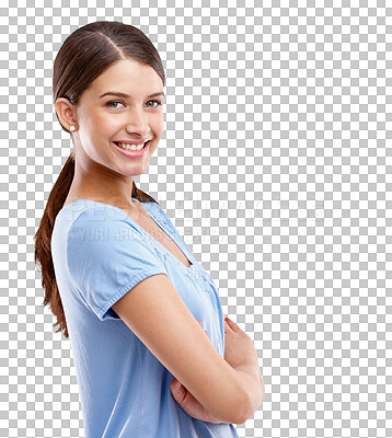 Buy stock photo Portrait, happy and arms crossed with a woman isolated on a PNG background for fashion or style. Smile, transparent and gen z with an attractive young indian female looking positive or confident