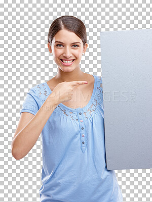 Buy stock photo Woman, pointing and portrait with board for mockup isolated on a transparent png background. Poster, copy space and happy person with announcement for commercial promotion, advertising and marketing.