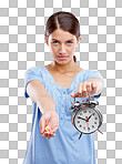 Medicine, clock and portrait of a patient in a studio waiting to take pills, vitamins or supplements. Tablets, health and young woman with alarm as a medication reminder isolated on a png background