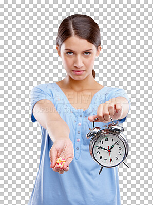 Buy stock photo Portrait, medicine and woman with a clock, vitamins and girl isolated against a transparent background. Face, female person and model with time, pills and patient with schedule for medication and png