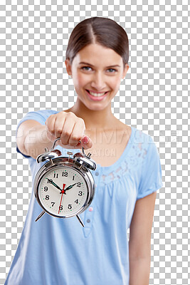 Buy stock photo Portrait, clock and time of a model woman showing an alarm with smile for schedule reminder. Happy casual female holding vintage analogue timer in happiness isolated on a transparent PNG background