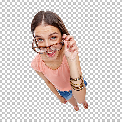 Buy stock photo Portrait, glasses or PNG of woman on transparent background, vision or optometry perspective. Face, eyewear or prescription lenses with attractive young female wearing spectacles isolated from above