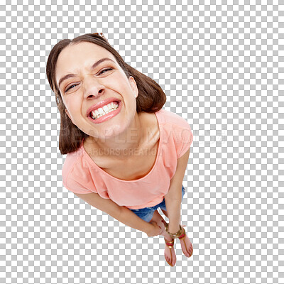 Buy stock photo Top view, portrait and woman with smile, funny and goofy girl isolated against a transparent background. Face, female person and model with facial expression, png and silly with humor, joke or comedy
