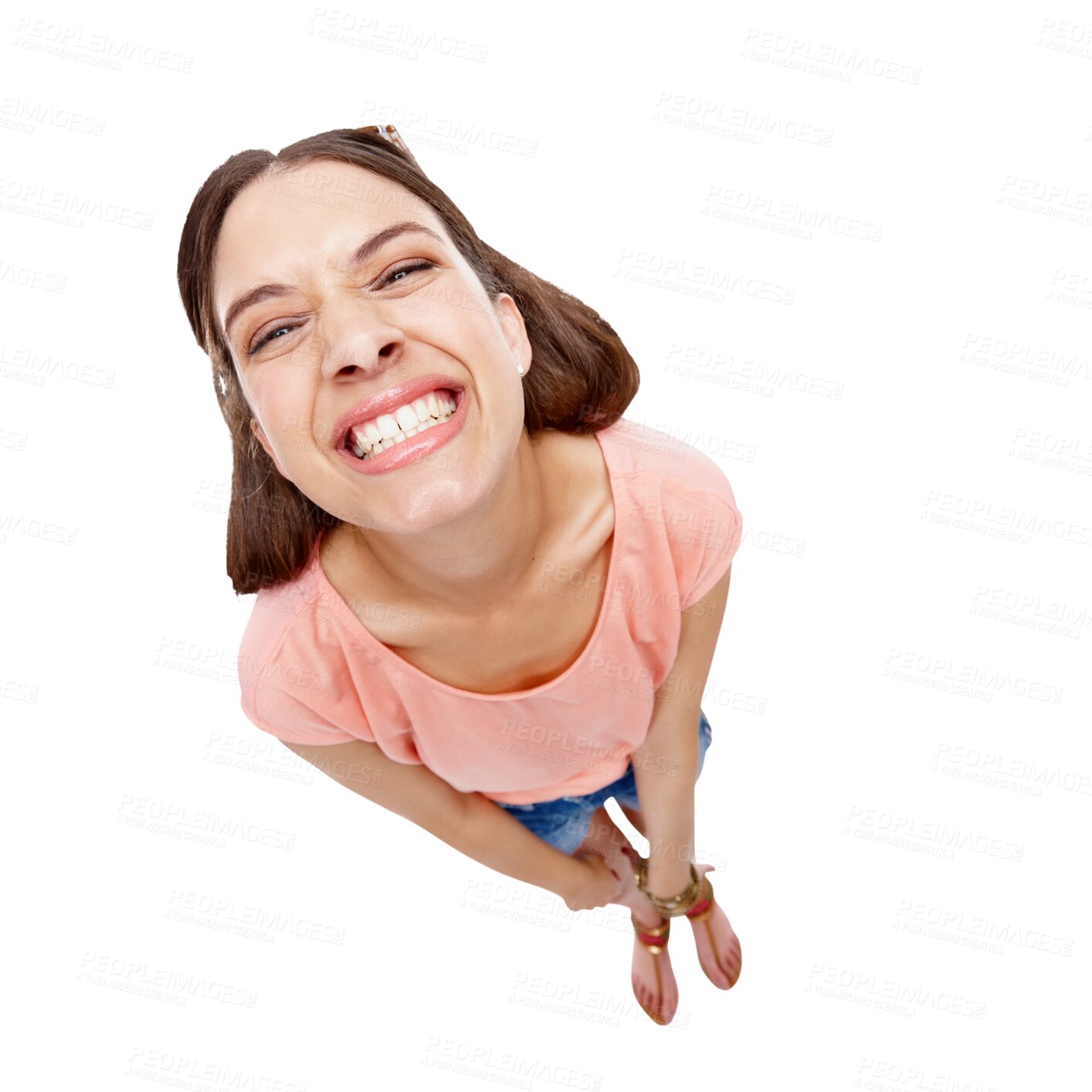 Buy stock photo Top view, portrait and woman with smile, funny and goofy girl isolated against a transparent background. Face, female person and model with facial expression, png and silly with humor, joke or comedy