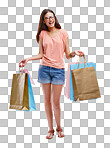 Happy woman, shopping bag and studio portrait with isolated on a png background, isolated and product sales. Rich customer, model and retail gift bags of commerce market, discount promotion or luxury brand offer