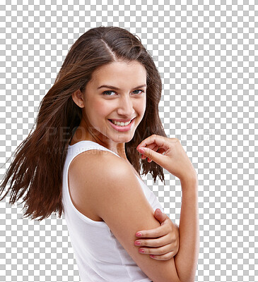 Natural beauty, young woman and portrait of a model with long hair feeling happy with a smile. isolated on a png background and person with happiness, smiling and attractive look with mockup space