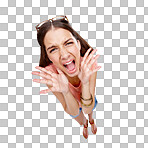 Portrait, anxiety and stress by woman in studio for mental health problem on background. Face, depression and screaming, angry and frustrated, stressed and shouting in fear isolated on a png background