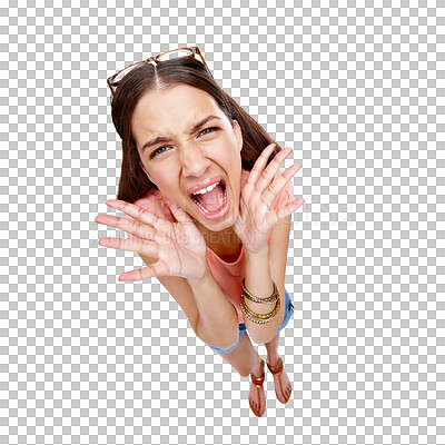 Buy stock photo Portrait, shouting and above of angry woman with stress or mental health problem. Anger, frustrated and screaming, stressed and girl shouting in fear or scared isolated on transparent png background
