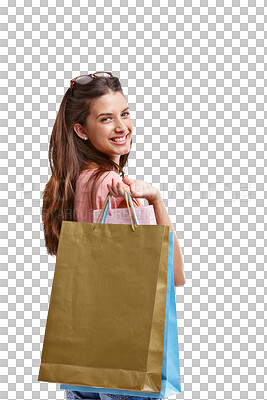 Buy stock photo Woman with shopping bag in portrait, customer and retail with smile isolated on transparent, png background. Commerce, fashion store and female model with designer brand on sale at boutique in luxury