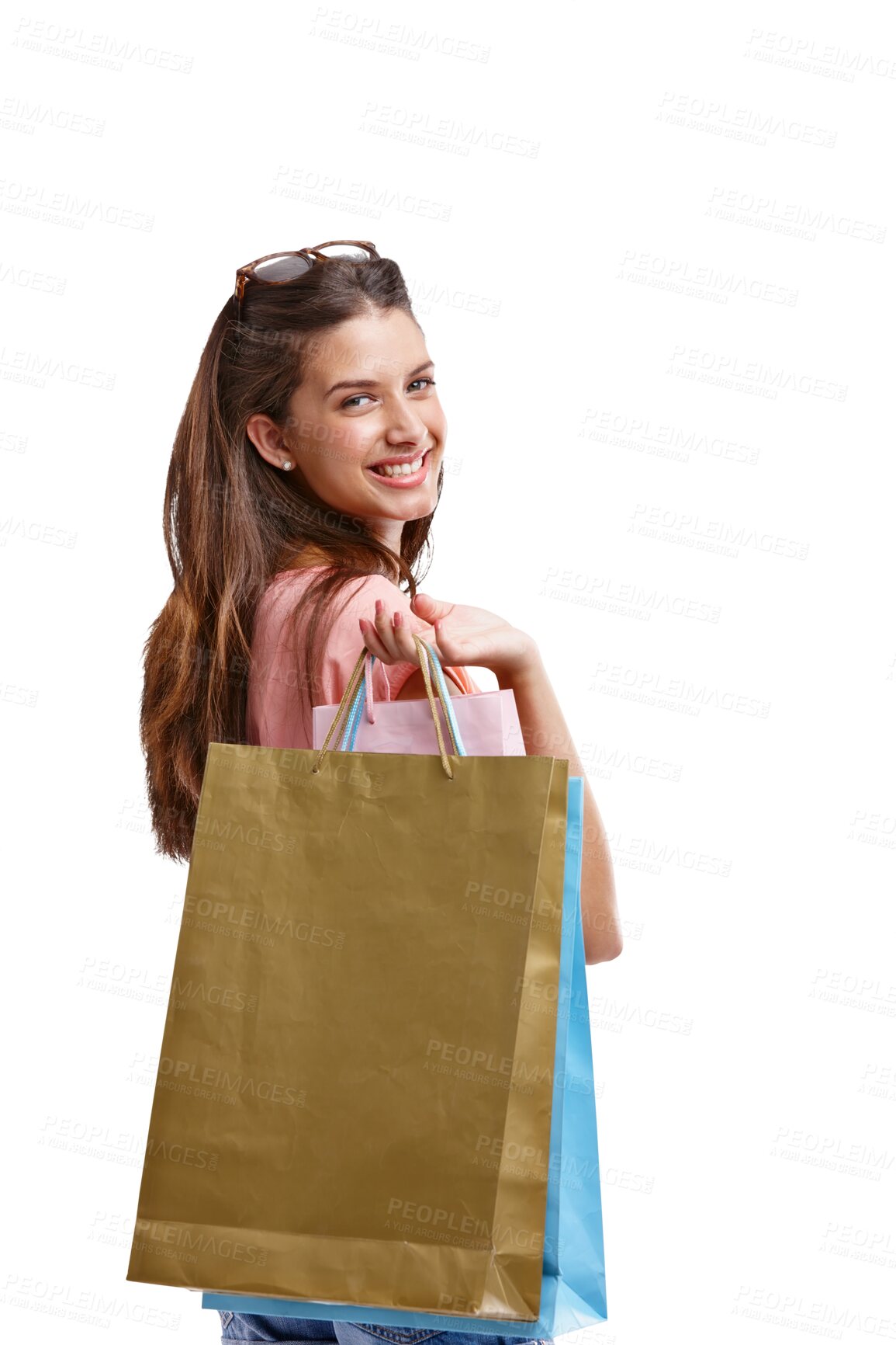 Buy stock photo Woman with shopping bag in portrait, customer and retail with smile isolated on transparent, png background. Commerce, fashion store and female model with designer brand on sale at boutique in luxury