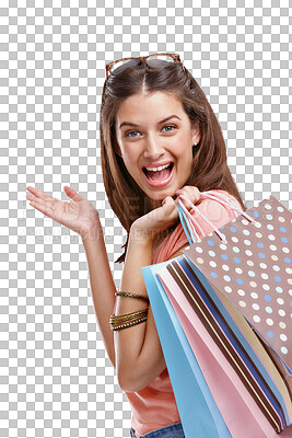 Buy stock photo Woman is excited with shopping bag in portrait, customer and fashion isolated on transparent, png background. Commerce, retail store and happy female with luxury designer brand on sale at boutique 