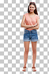 Portrait, smile and young woman arms crossed, happiness and lady isolated on a png background. Female, youth and girl with casual outfit, joy and weekend clothes, break and relax on backdrop