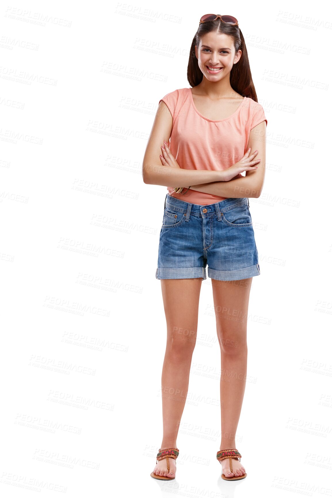 Buy stock photo Woman with smile in portrait, arms crossed and positive mindset isolated on transparent, png background. Young female, gen z and summer fashion with happy face, confidence and youth in casual clothes