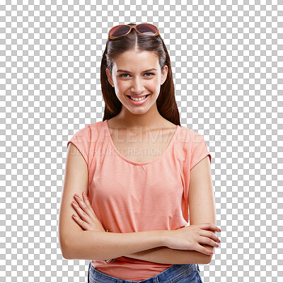 Buy stock photo Portrait, gen z and arms crossed with a woman isolated on a PNG background for fashion and style. Smile, transparent and happy with an attractive young female model looking positive and confident