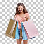 Shopping bag, woman and portrait of a model with retail, discount and shopping bags with a smile. isolated on a png background and customer happy about store sale, fashion choice and consumer buy