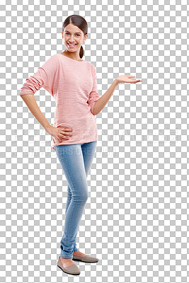 Buy stock photo Showing gesture, happy and portrait of woman on isolated, png and transparent background for products. Advertising, happiness and female smile with hand sign for branding, marketing and presenting