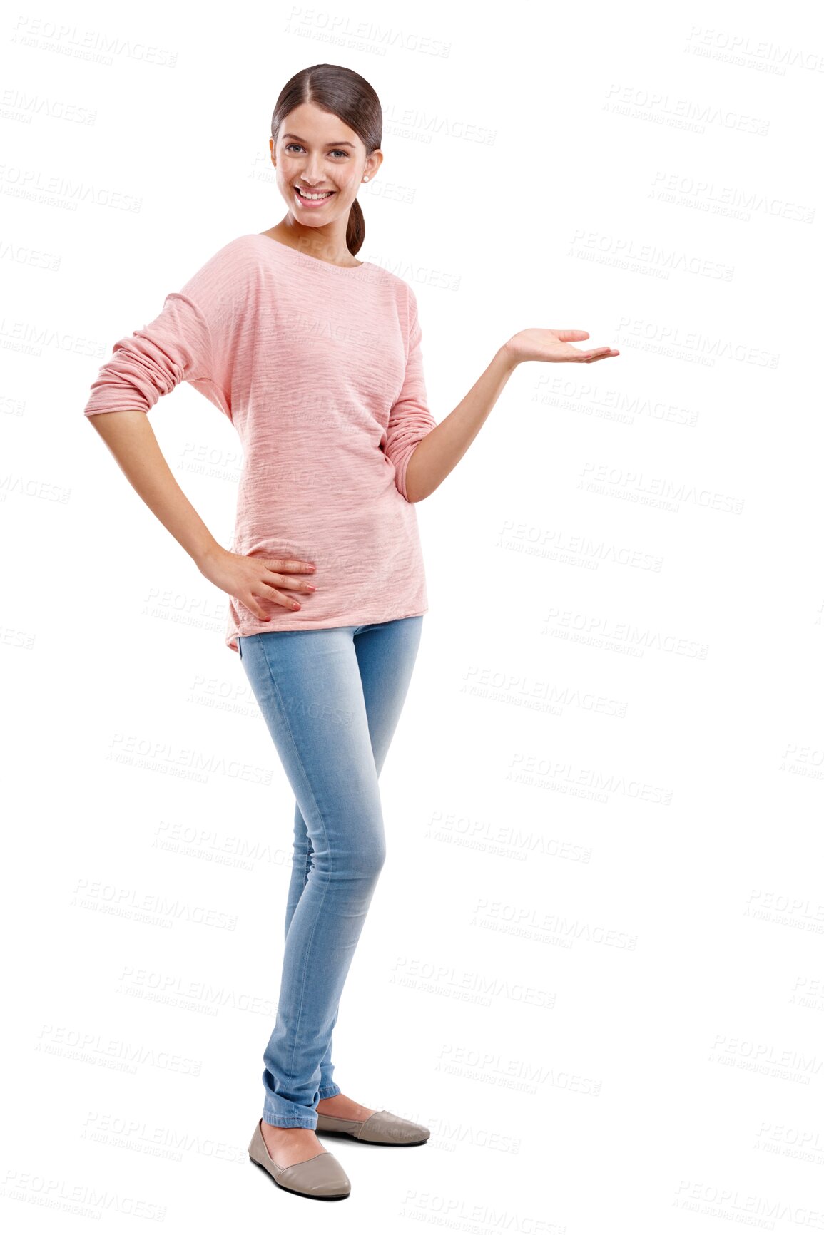 Buy stock photo Showing gesture, happy and portrait of woman on isolated, png and transparent background for products. Advertising, happiness and female smile with hand sign for branding, marketing and presenting