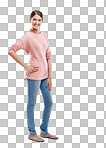 Portrait, fashion and mockup with a woman in studio isolated on a png background for marketing or advertising. Product, brand and logo with an attractive young female posing on blank mock up space