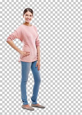 Buy stock photo Fashion, happy and portrait of a woman with a casual, trendy or stylish cool outfit with confidence. Happiness, smile and model with style and positive mindset isolated by transparent png background.