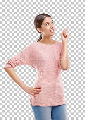 Buy stock photo Point, thinking and face of woman looking up on isolated, png and transparent background for ideas. Advertising, fashion and female smile with hand sign for branding, promotion and presenting choice