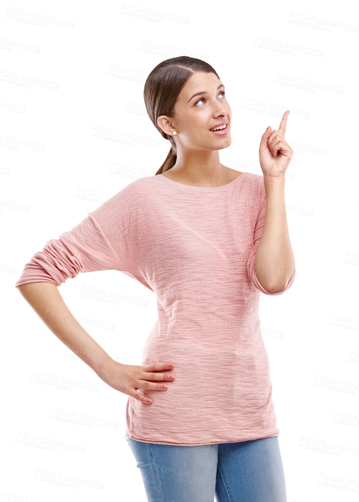 Buy stock photo Point, thinking and face of woman looking up on isolated, png and transparent background for ideas. Advertising, fashion and female smile with hand sign for branding, promotion and presenting choice