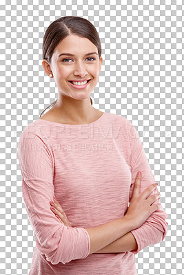 Buy stock photo Portrait, fashion and woman model with smile standing with crossed arms for confidence. Happy, positive mindset and female with style, trendy and casual outfit isolated by transparent png background.