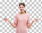 Mockup, woman and pointing to sides with smile, product placement for announcement. Marketing, advertising and happy woman in promotion for product launch isolated on a png background