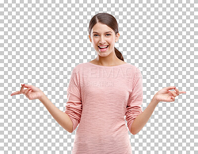 Buy stock photo Choice, excited and portrait of woman point on isolated, png or transparent background for decision. Advertising, happiness or female model smile with hand sign for branding, promotion and presenting