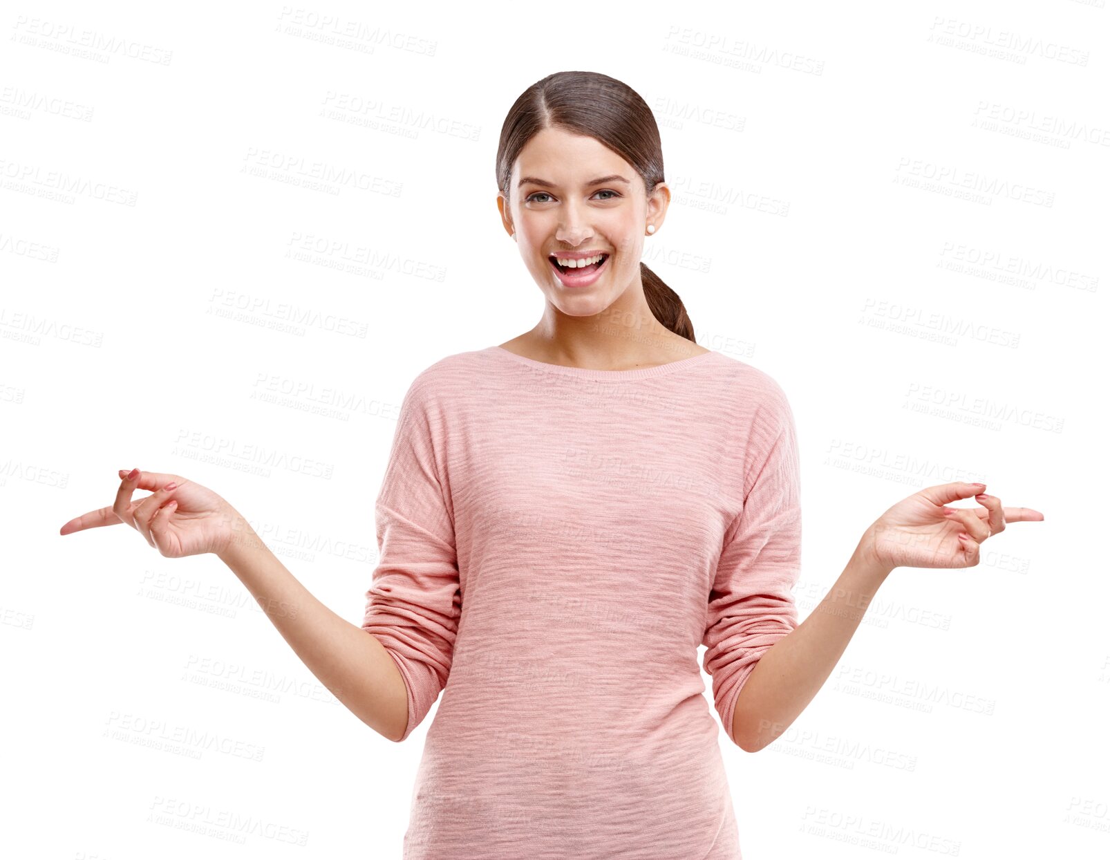 Buy stock photo Choice, excited and portrait of woman point on isolated, png or transparent background for decision. Advertising, happiness or female model smile with hand sign for branding, promotion and presenting