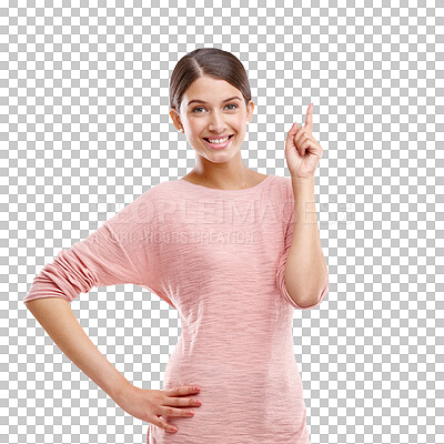 Buy stock photo Showing, happy and portrait of woman point on isolated, png and transparent background for choice. Advertising, pointing and female smile with hand sign for branding, promotion and presenting gesture