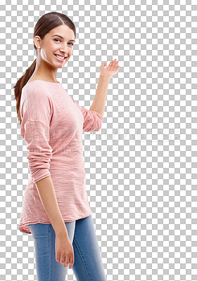 Buy stock photo Showing, happy and portrait of woman for choice on isolated, png and transparent background. Advertising, happiness and female smile with hand sign for branding, promotion and presenting gesture