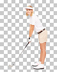 Blond woman, golf and standing with stick in pose ready for match, game or play against a isolated on a png background. Isolated female model in sportwear for golfing with golf club on white background