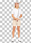 Woman, golf and sports portrait in studio for exercise, fitness training for golfing motivation isolated on a png background. Female golfer holding golf club while ready for a tournament, competition or match