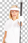 Golf, aim and measure with a sports woman in studio isolated on a png background for a game on a course. Training, challenge and club with a female golfer or athlete aiming while lining up a shot or stroke