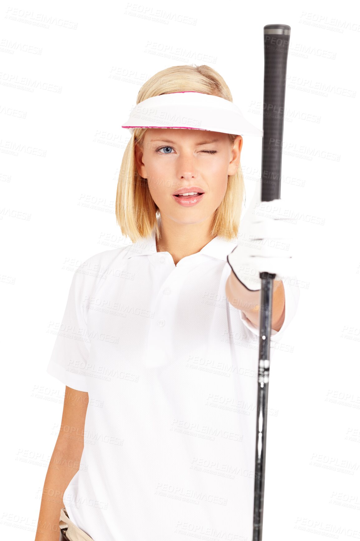 Buy stock photo Golf, aim and PNG with a sports woman isolated on a transparent background for a game or recreation. Training, challenge and club with a young female golfer or athlete aiming while lining up a shot