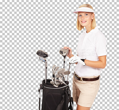 Golf woman, club bag and studio portrait for health, motivation and sports equipment with smile. Happy isolated golfer girl, wellness or golf training for game, sport and success isolated on a png background