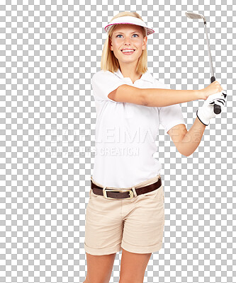Sport, golf and portrait of woman in studio for fitness, training and cardio. Health, girl and young professional player ready for practice, performance and leisure while isolated on a png background