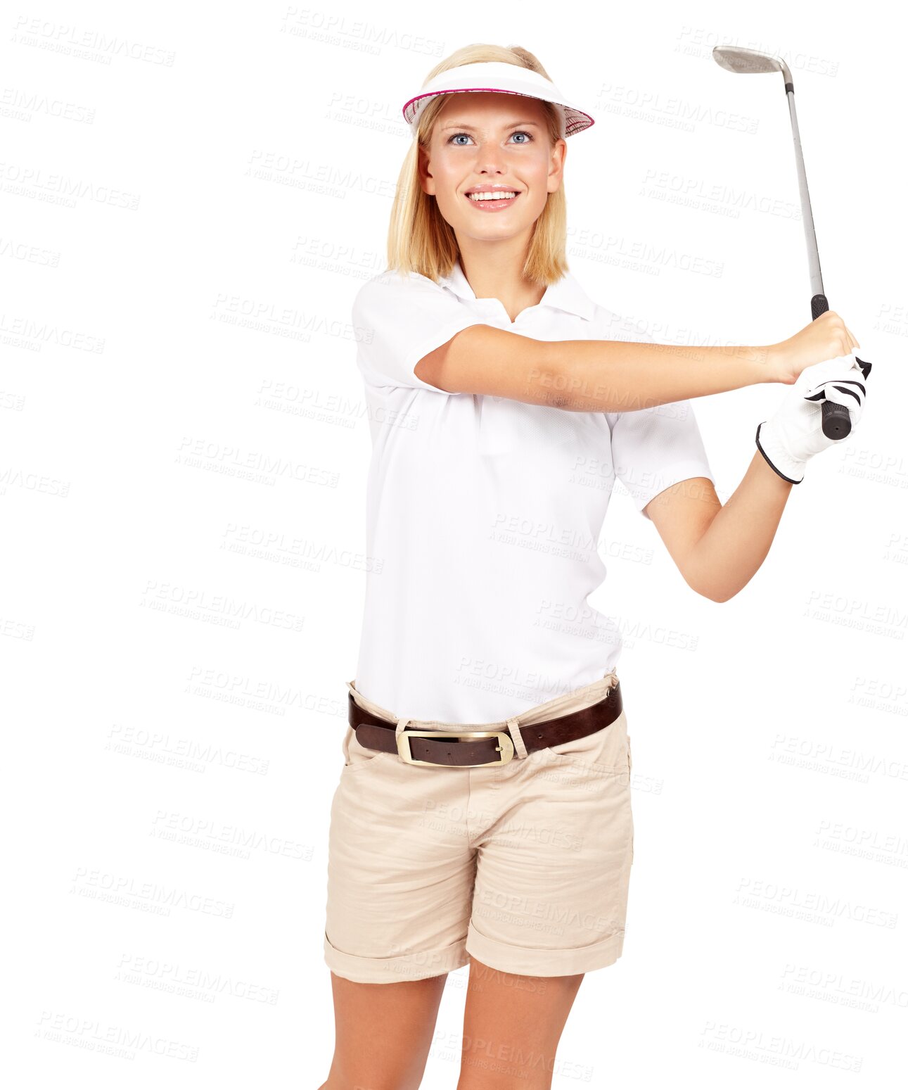 Buy stock photo Portrait, golf and woman with a smile, training and player isolated against a transparent background. Face, female person and model with happiness, png and activity for wellness, fitness and health