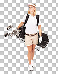 Golf, sports and walking with a woman for her golfing hobby. Sport, golf club and a female golfer carrying her bag to a course while in sportswear or uniform isolated on a png background