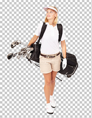 Buy stock photo Golf, sports and walking with a woman for a hobby, recreation or training. Sport, clubs and a female golfer carrying a bag while in a uniform and thinking isolated on a transparent png background