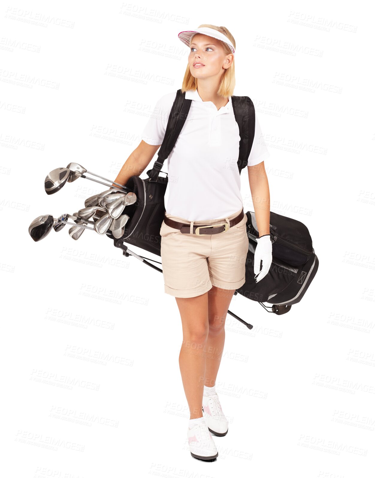 Buy stock photo Golf, sports and walking with a woman for a hobby, recreation or training. Sport, clubs and a female golfer carrying a bag while in a uniform and thinking isolated on a transparent png background