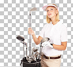 Woman, golf and club bag thinking in studio for sports exercise, fitness training and golfing motivation in isolated on a png background studio. Golfer gear, competition lifestyle and athlete game equipment 