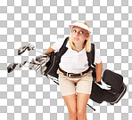 Sports, golf and woman in a studio with clubs for exercise, training or golfing motivation. Fitness, athlete and female golfer with a confused expression holding equipment by a isolated on a png background