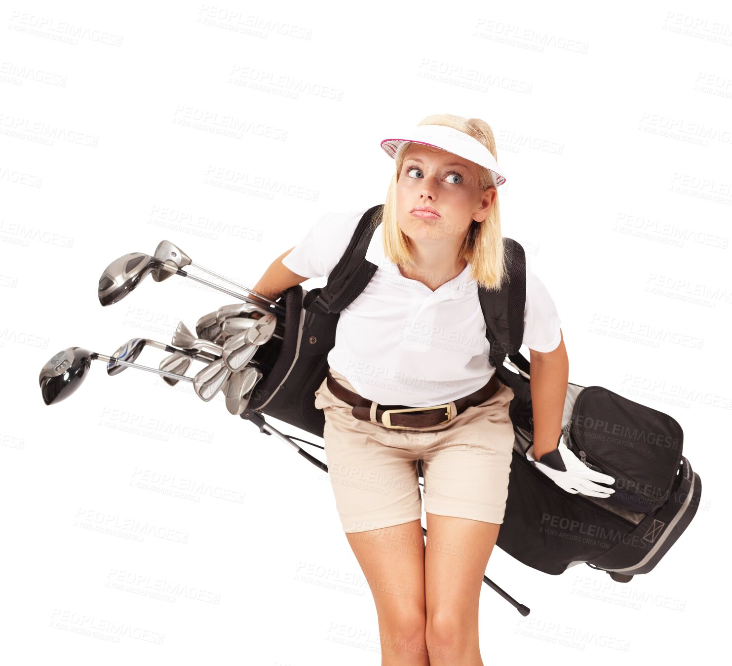 Buy stock photo Sports, exercise and comic woman with a golf bag isolated on a transparent, png background. Fitness, wellness and funny female golfer or player with clubs for playing, training or sport competition