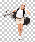 Golf woman, headache and studio with bag, overworked stress, tired and sports. Isolated golfer girl, iron or golf club backpack for training, sport or pain in head at competition isolated on a png background