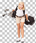 Sports, athlete and woman golfer in a studio with clubs for exercise, training or golfing motivation. Fitness, golf and female model carrying heavy sport equipment isolated on a png background