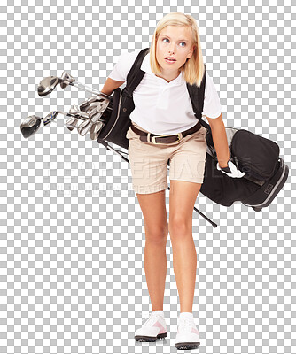 Buy stock photo Golf bag, tired and exhausted sports woman isolated on a transparent, png background. Fitness, wellness and female golfer or player with heavy equipment for training, workout or sport competition